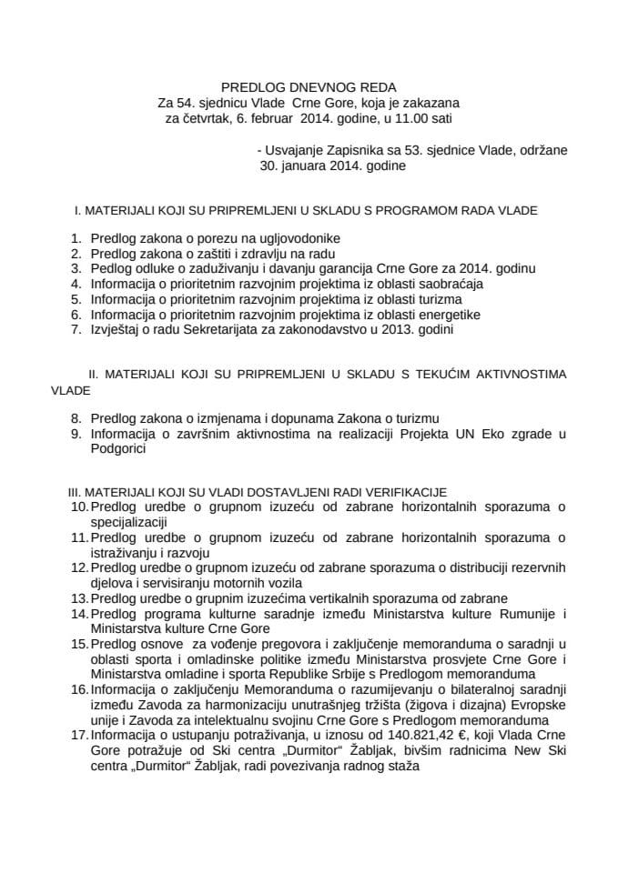 Predlog dnevnog reda za 54. sjednicu Vlade Crne Gore
