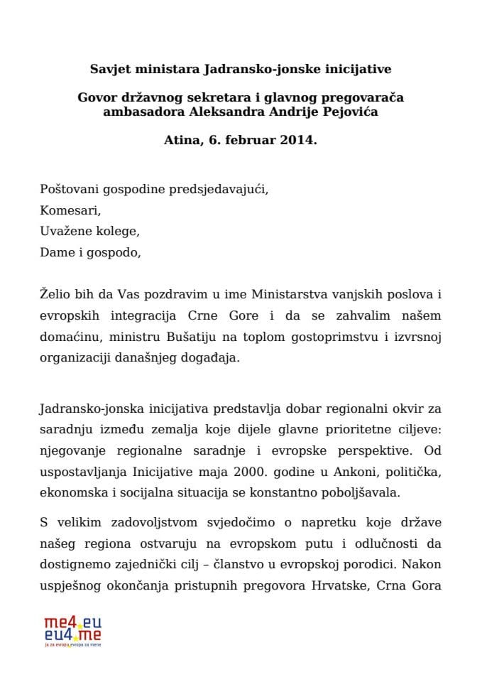 Govor ambasadora Pejovića na ministarskom sastanku o Jadransko-jonskoj inicijativi u Atini