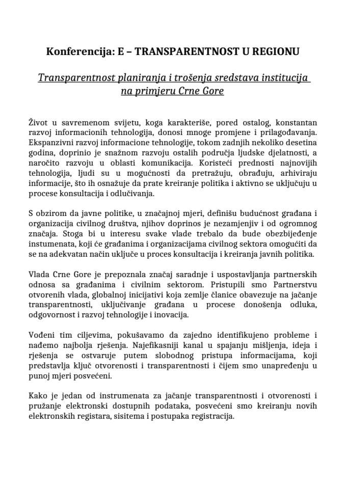 Izlaganje ministra finansija Radoja Žugića na regionalnoj konferenciji o transparentnosti rada vlada na temu „Transparentnost planiranja i trošenja sredstava institucija”