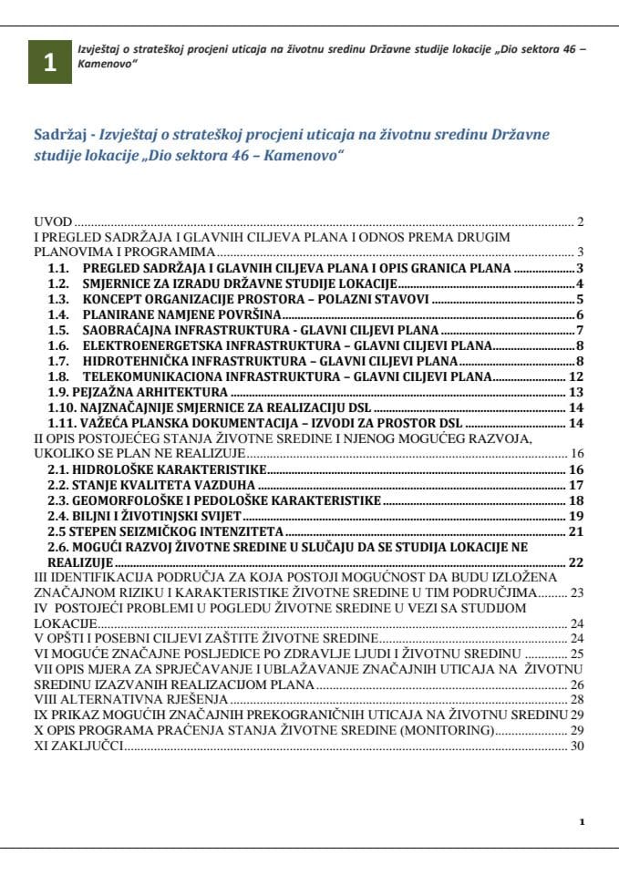  Izvještaj o strateškoj procjeni uticaja na životnu sredinu Državne studije lokacije „Dio sektora 46 – Kamenovo“