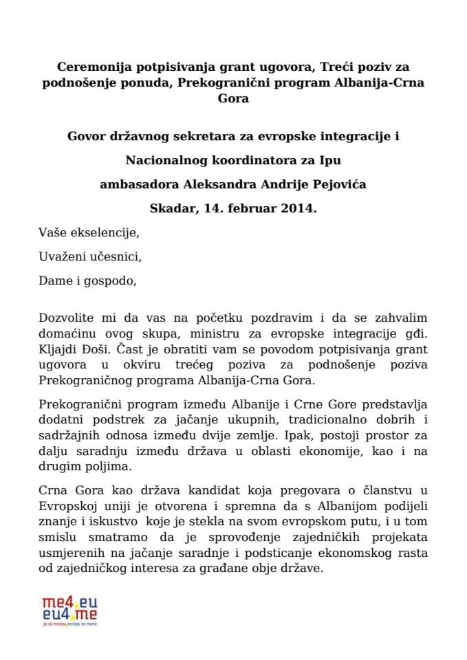 Govor državnog sekretara za evropske integracije i Nacionalnog koordinatora za Ipu ambasadora Aleksandra Andrije Pejovića