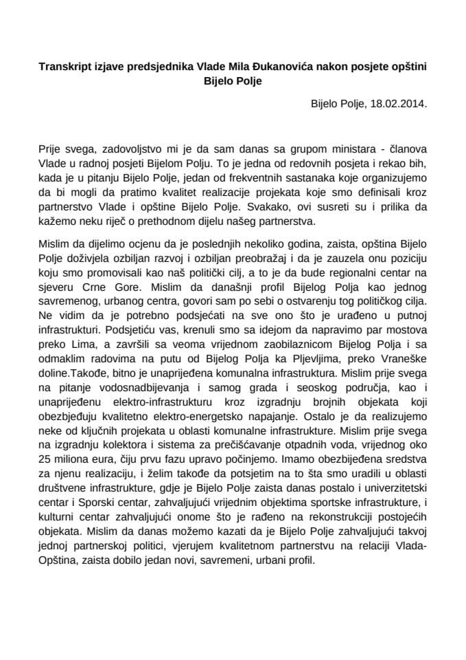 Transkript izjave predsjednika Vlade Mila Đukanovića nakon posjete opštini Bijelo Polje