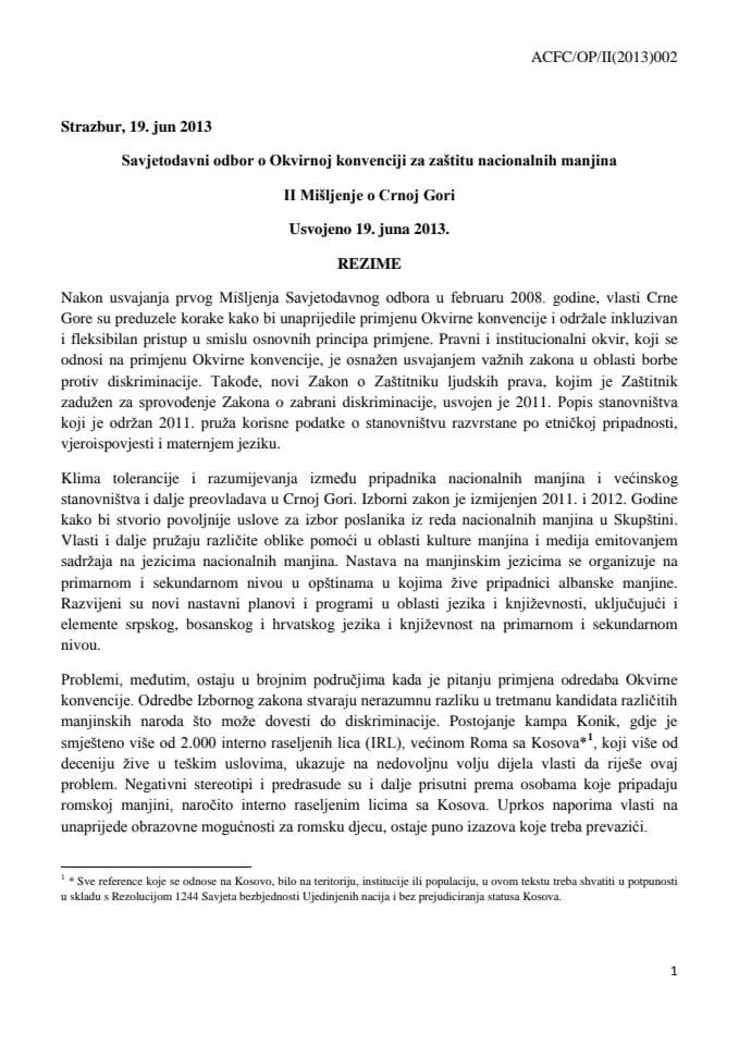 ИИ мисљење о Црној Гори Савјетодавног одбора о Оквирној конвенцији за заштиту националних мањина