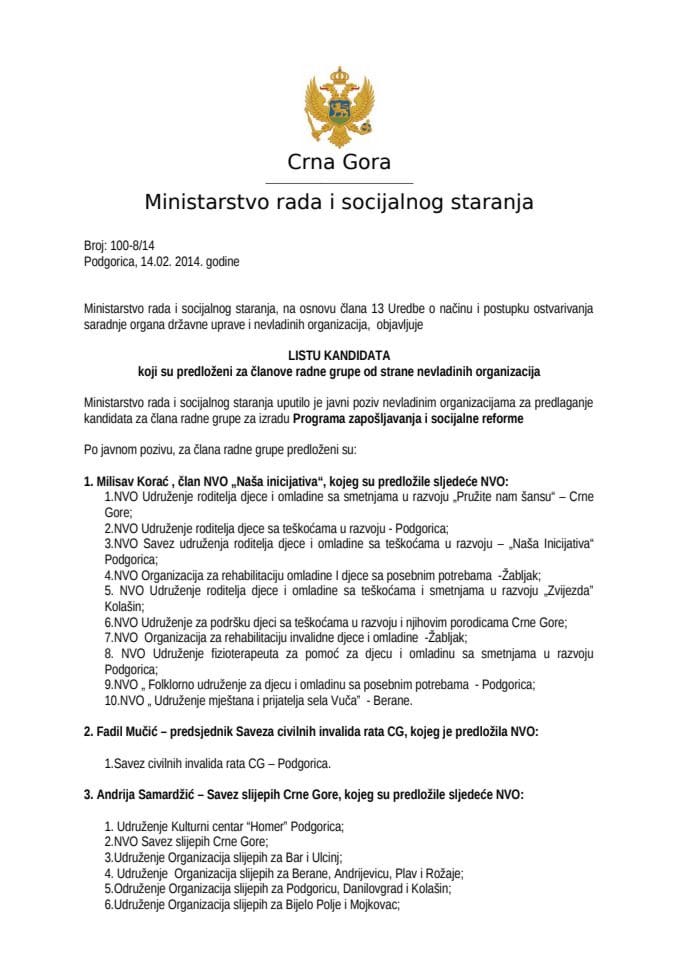 Lista kandidata za izradu Programa zapošljavanja i socijalne reforme