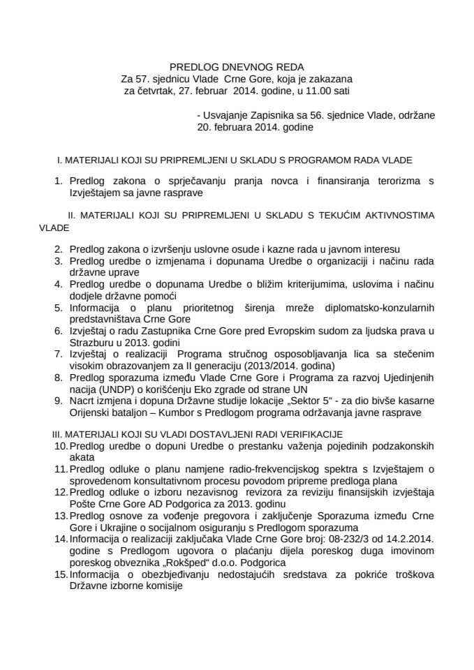 Predlog dnevnog reda za 57. sjednicu Vlade Crne Gore