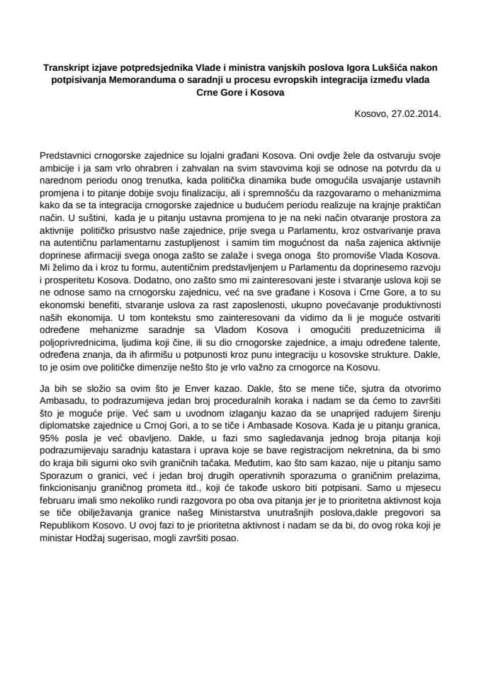 Transkript izjave potpredsjednika Vlade i ministra vanjskih poslova i evropskih integracija Igora Lukšića