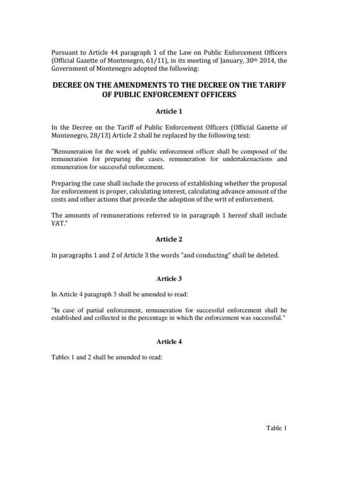 Decree on the Amendments to the Decree on the Tariff of the Public Enforcement Officers