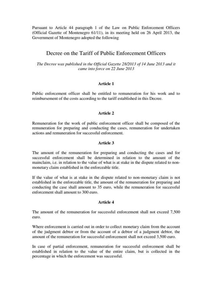 Decree on the Tariff of Public Enforcement Officers