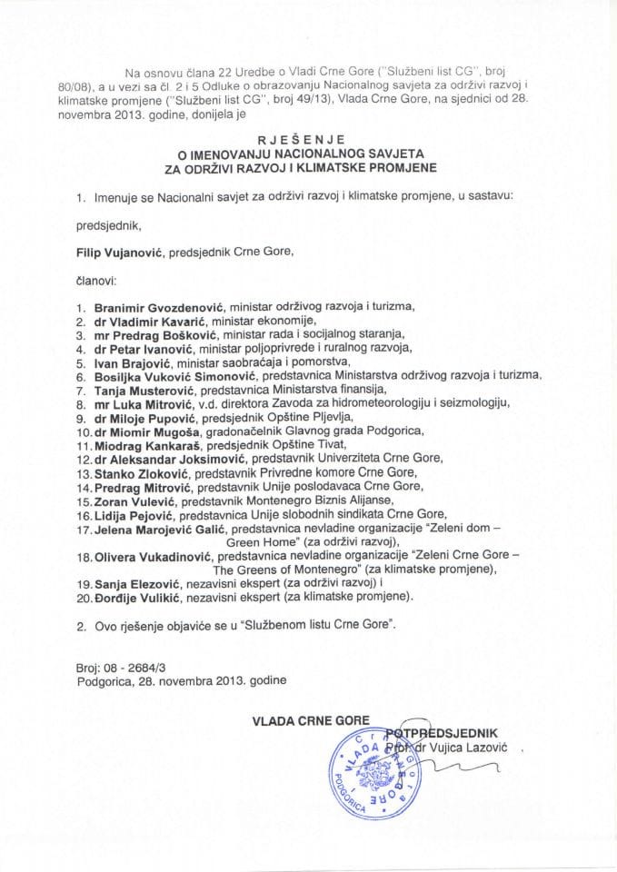 Rješenje o imenovanju Nacionalnog savjeta za održivi razvoj i klimatske promjene