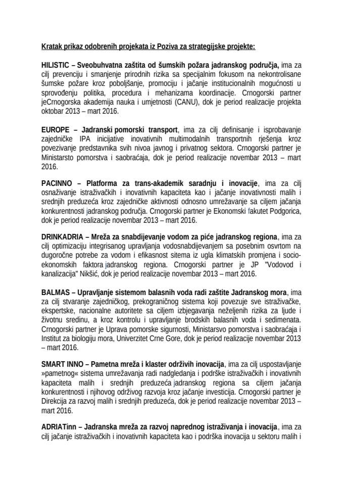 Kratak prikaz odobrenih projekata iz Poziva za strategijske projekte