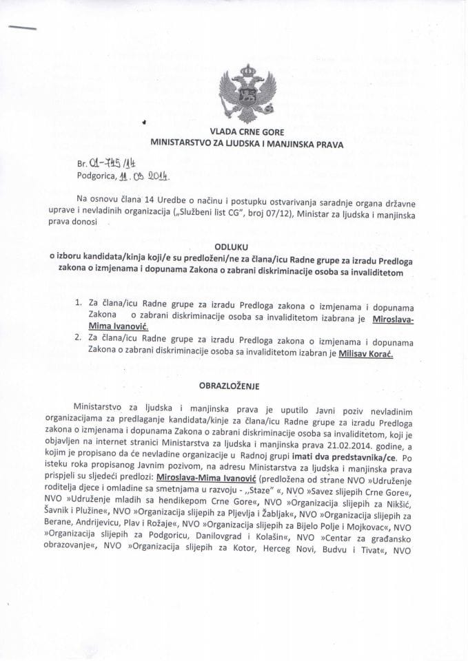 Odluka o izboru kandidata/kinje koji su predloženi/e za člana/icu Radne grupe za izradu predloga zakona o izmjenama i dopunama Zakona o zabrani diskriminacije osoba sa invaliditetom