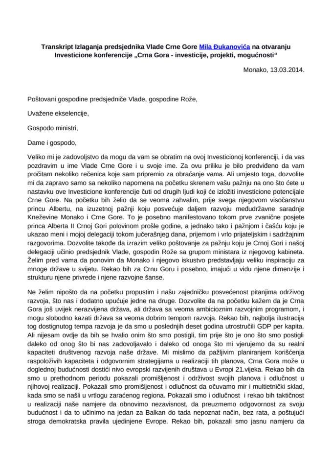 Transkript izlaganja predsjednika Vlade Crne Gore Mila Đukanovića na otvaranju Investicione konferencije „Crna Gora - investicije, projekti, mogućnosti“