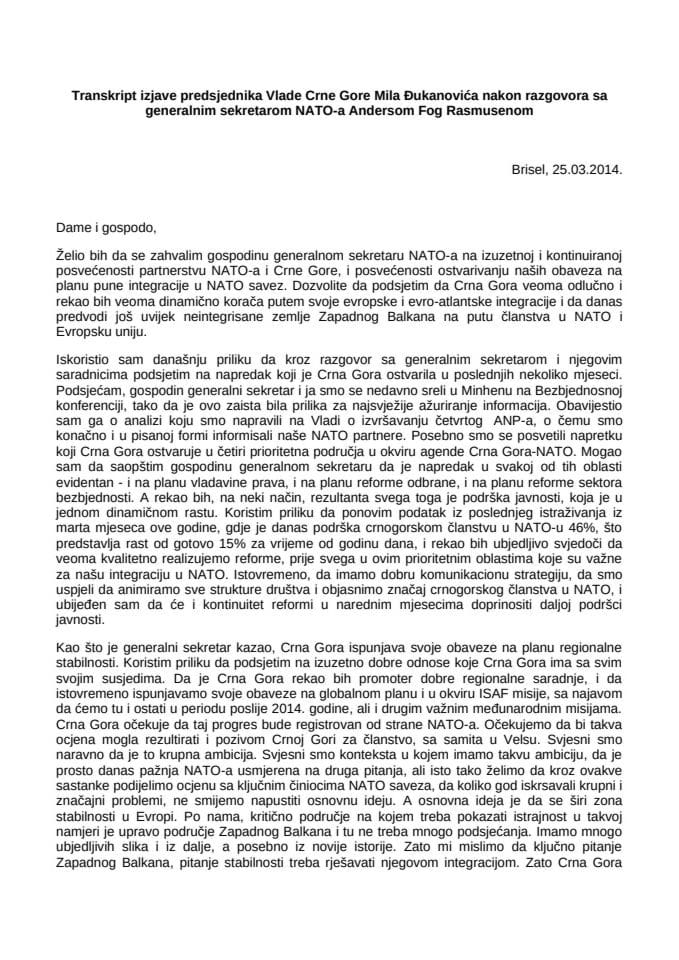 Transkript izjave predsjednika Vlade Crne Gore Mila Đukanovića nakon razgovora sa generalnim sekretarom NATO-a Andersom Fog Rasmusenom 