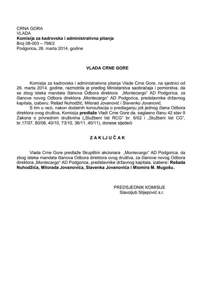Предлог закључка о избору чланова Одбора директора „Монтецарго“ АД Подгорица (за верификацију)