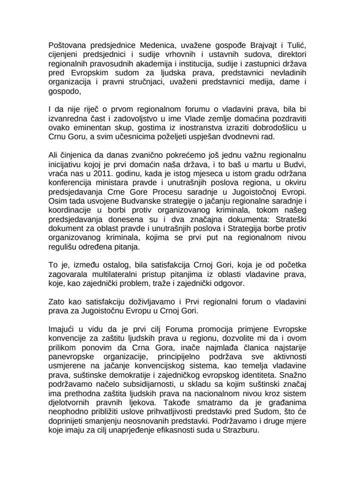 Govor potpredsjednika Vlade i ministra pravde Duška Markovića na otvaranju Prvog regionalnog foruma o vladavini prava za Jugoistočnu Evropu