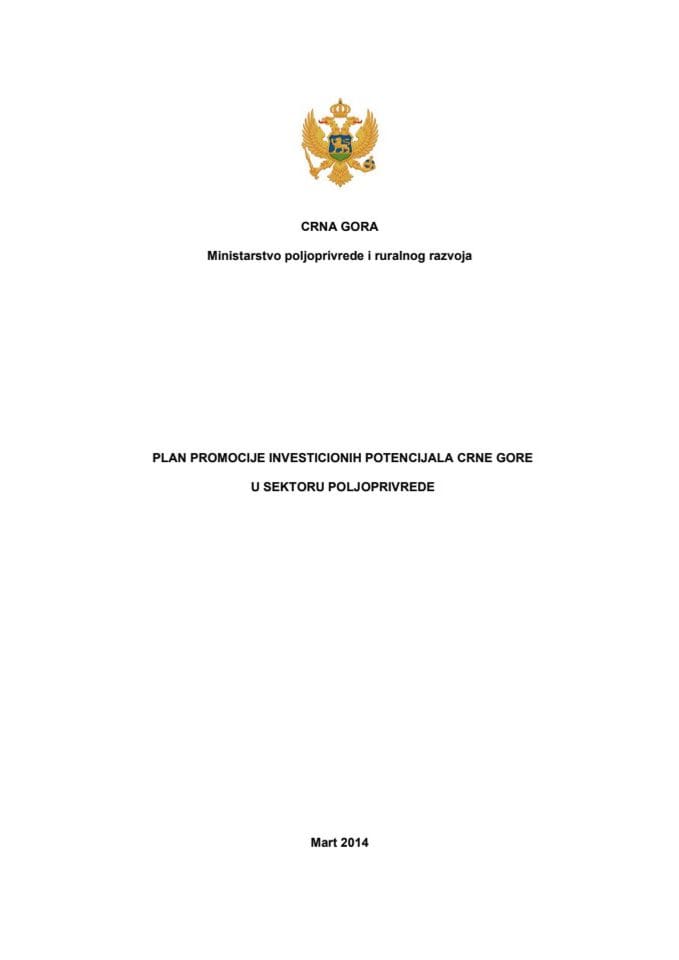 Predlog plana promocije investicionih potencijala Crne Gore u sektoru poljoprivrede (za verifikaciju)
