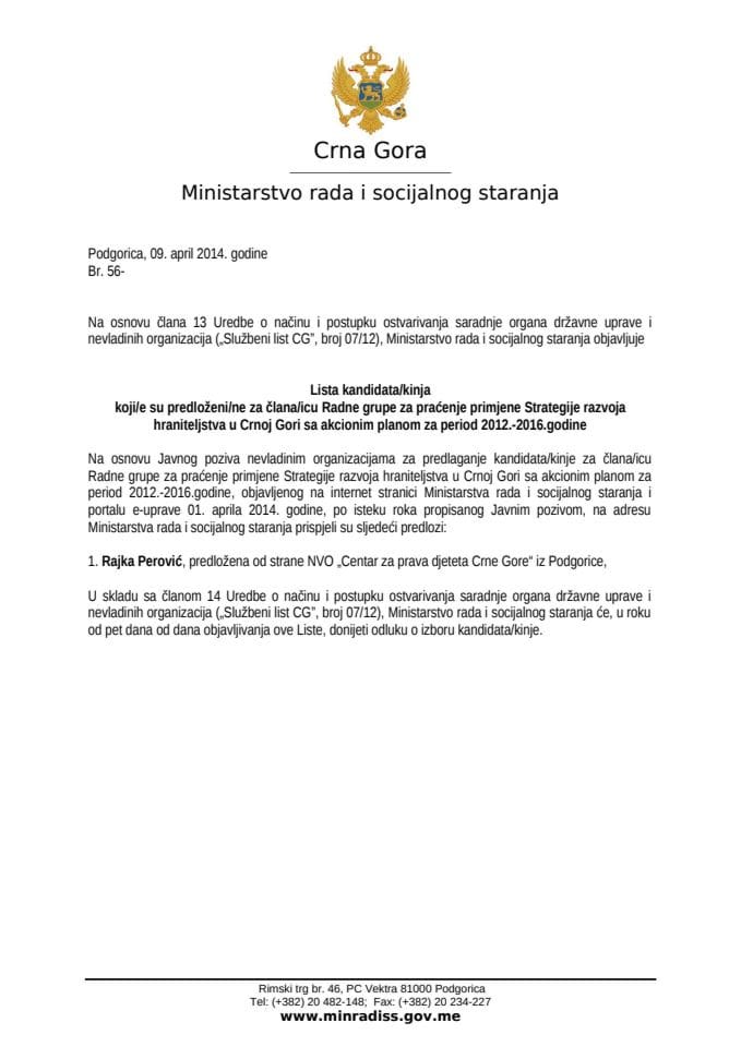 Lista kandidata - Strategije razvoja hraniteljstva u Crnoj Gori 