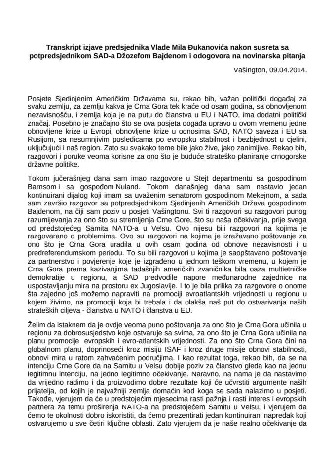 Transkript izjave predsjednika Vlade Mila Đukanovića nakon susreta sa potpredsjednikom SAD-a Džozefom Bajdenom i odgovore na novinarska pitanja
