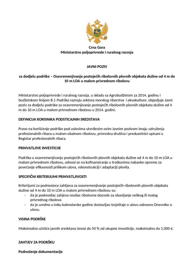JAVNI POZIV za dodjelu podrške – Osavremenjivanje postojećih ribolovnih plovnih objekata dužine od 4 m do 10 m LOA u malom privrednom ribolovu
