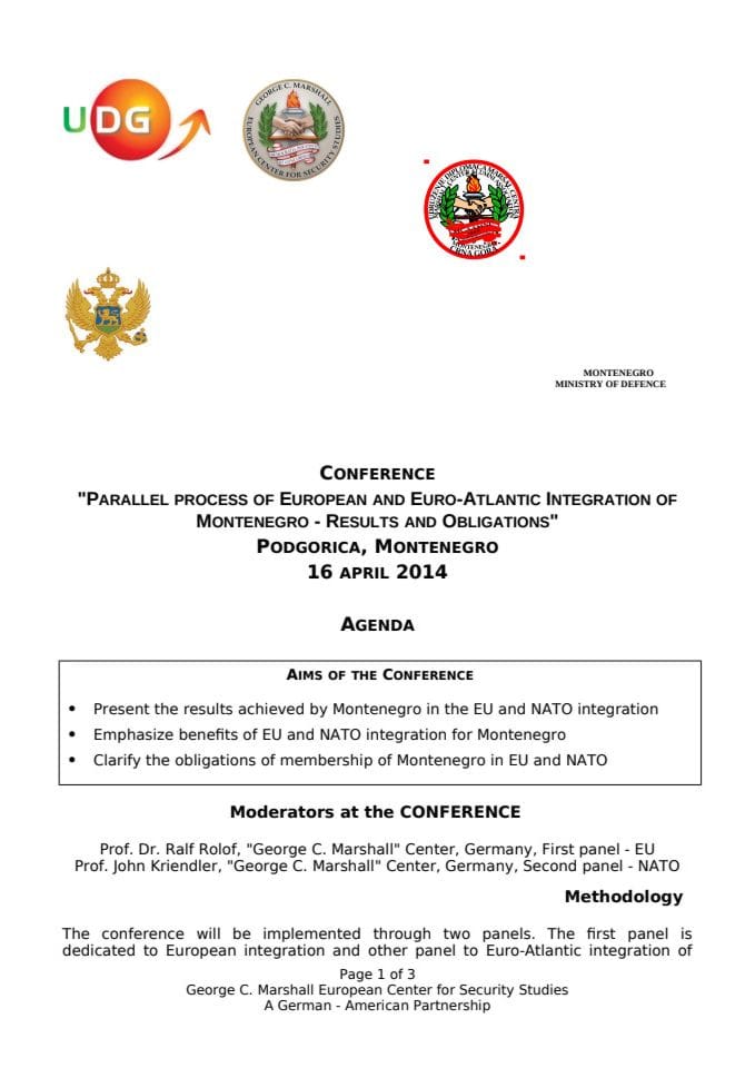 Agenda konferencije „Paralelni procesi evropskih i evroatlantskih integracija Crne Gore – rezultati i obaveze“