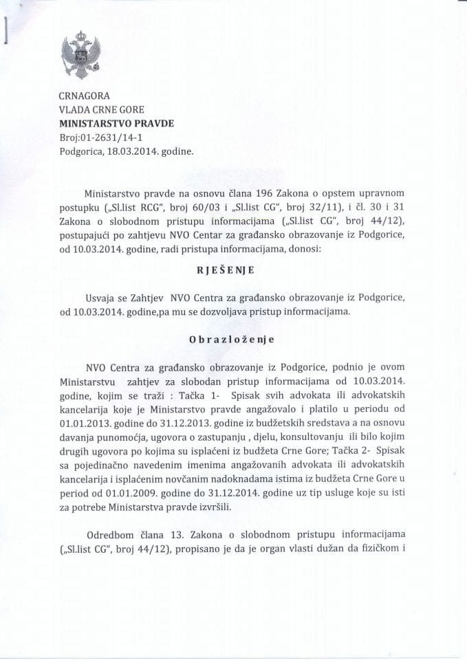 Slobodan pristup informacijama-Rješenje br.01-2631/14-1