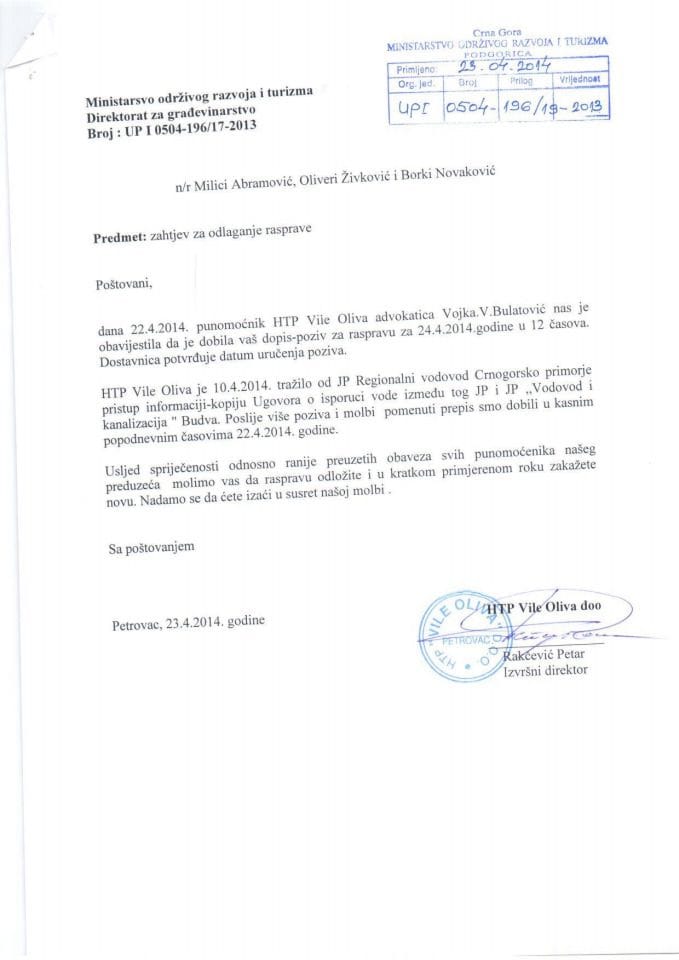 0504_196_19_2013 Zahtjev za odlaganje usmene rasprave HTP Vile Oliva