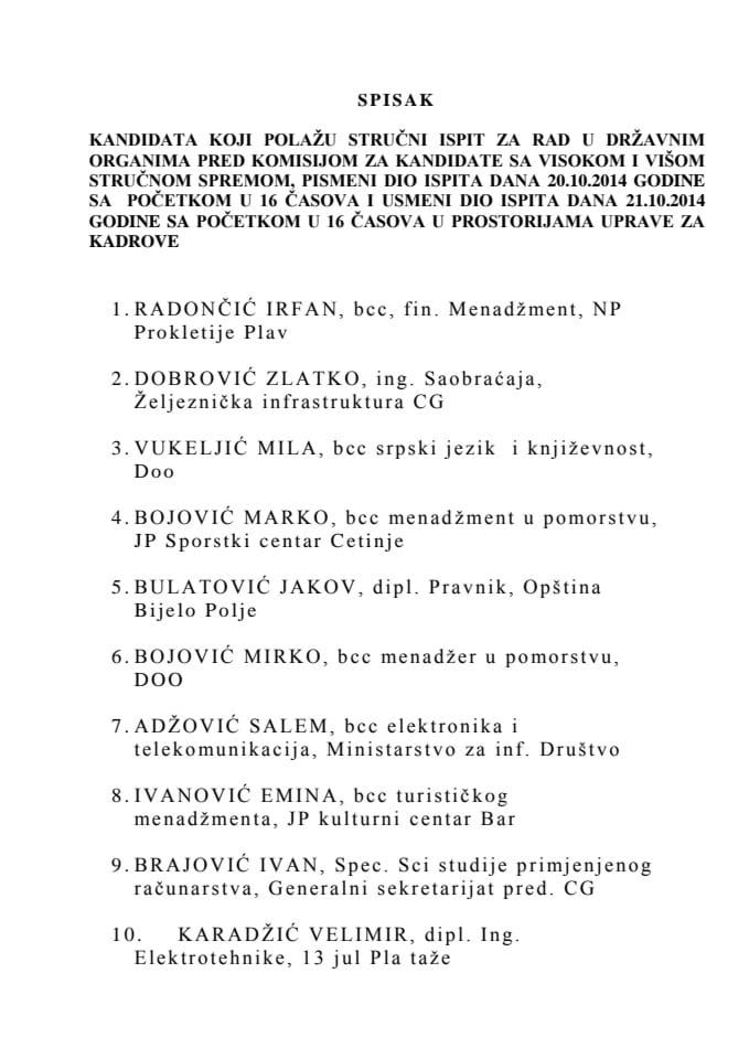 Списак кандидата са Високом и Вишом стручном спремом који полажу стручни испит за рад у државним органима 20 и 21 Октобра  2014. године