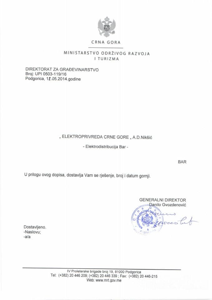 UPI 0503_119_16 Elektroprivreda Crne Gore ad Niksic