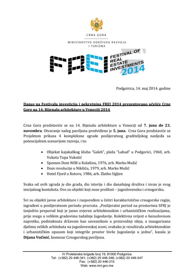 Crna Gora na XIV Bijenalu arhitekture u Veneciji 2014