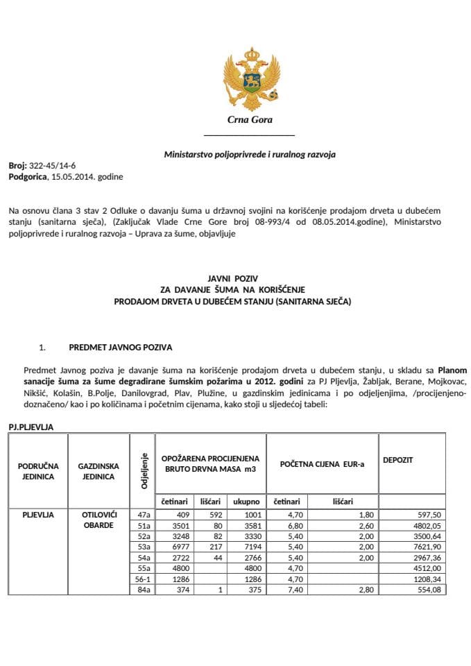 Јавни  позив за  давање  шума  на  коришћење продајом дрвета у дубећем стању (санитарна сјеча)