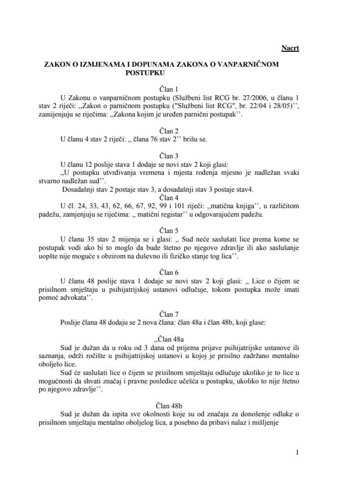 Nacrt Zakona o izmjenama i dopunama Zakona o vanparničnom postupku 