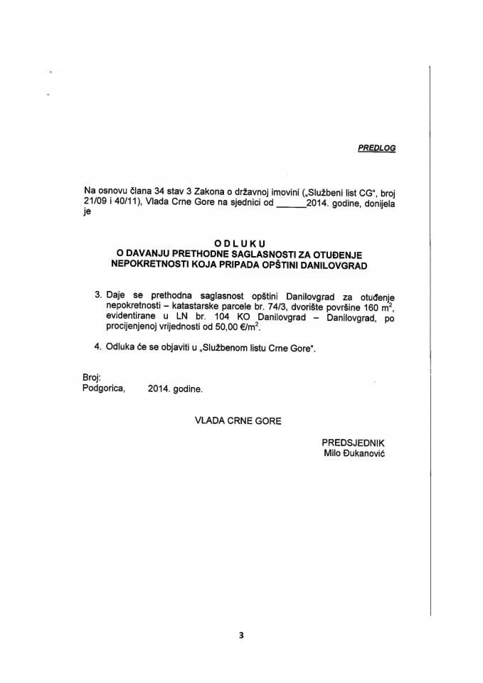 Predlog odluke o davanju prethodne saglasnosti za otuđenje ...