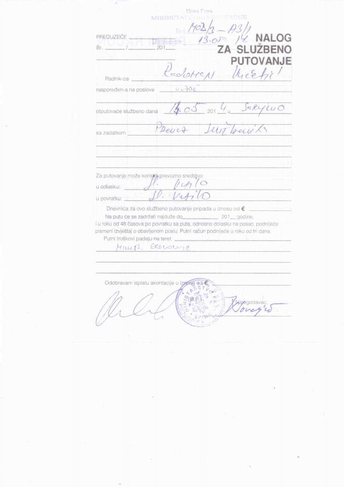 Nalog za službeno putovanje od 14.5.2014