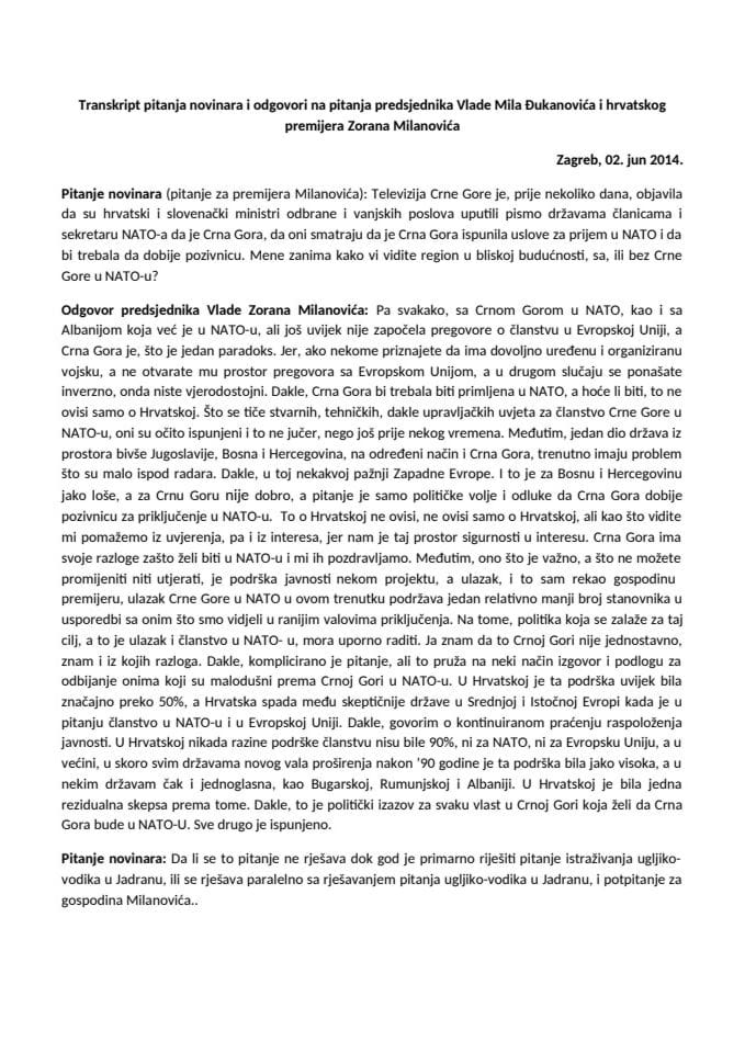 Transkript pitanja novinara i odgovora predsjednika vlada Crne Gore i Hrvatske, Mila Đukanovića i Zorana Milanovića