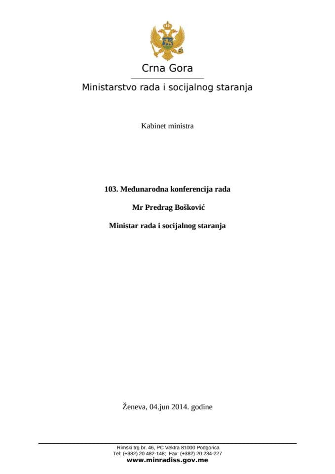 mr Predrag Bošković Međunarodna konferencija rada - govor