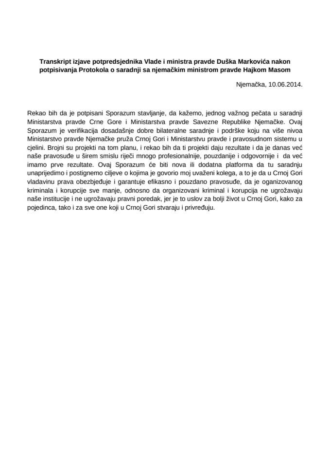 Transkript izjave potpredsjednika Vlade i ministra pravde Duška Markovića nakon potpisivanja Protokola o saradnji sa njemačkim ministrom pravde Hajkom Masom