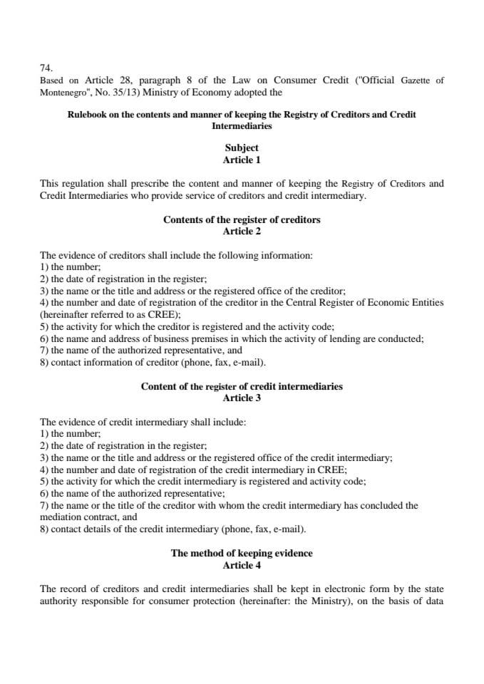 Rulebook on the contents and manner of keeping the Registry of Creditors and Credit Intermediaries