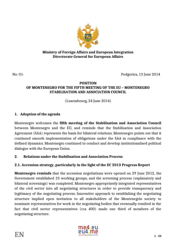 Montenegro’s position for the V meeting of the Stabilisation and Association Council between the European Union and Montenegro