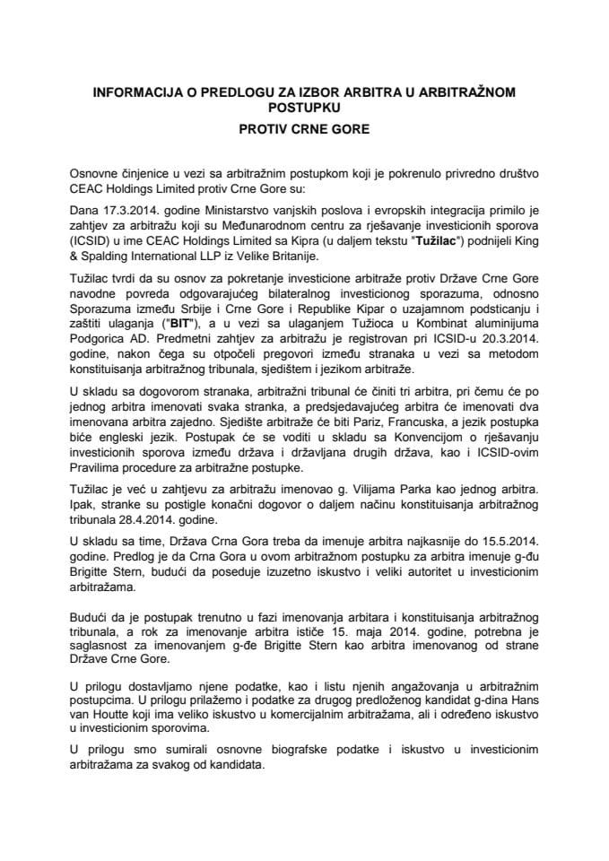 Informacija o predlogu za izbor arbitra u arbitražnom postupku protiv Crne Gore