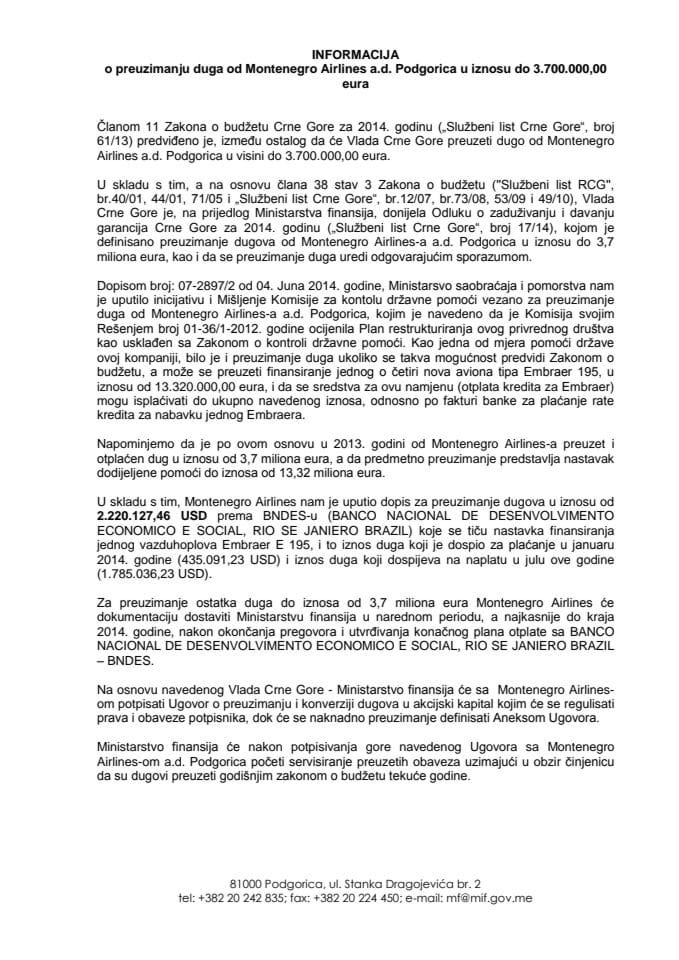 Informacija o preuzimanju duga Montenegro Airlines-a a.d. Podgorica u iznosu do 3.700.000,00 eura s Predlogom ugovora 	