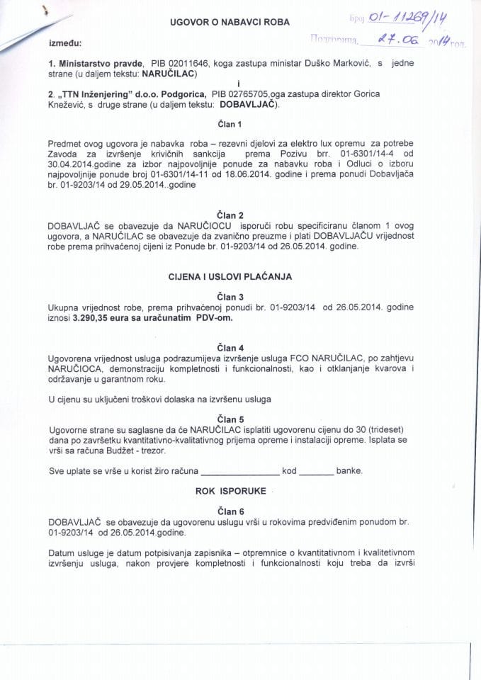 Ugovor o nabavci roba-rezervni djelovi za elektro lux opremu br.01-11269-14