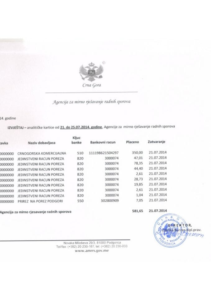 Izvještaj Agencije za mirno rješavanje radnih sporova 21 - 25.07.2014