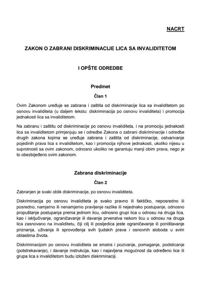 Nacrt Zakona o zabrani diskriminacije osoba sa invaliditetom