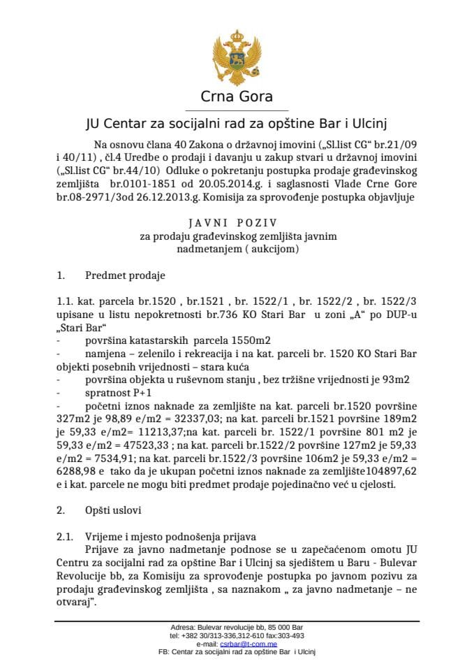 JAVNI POZIV - prodaja gradjevinskog zemljista