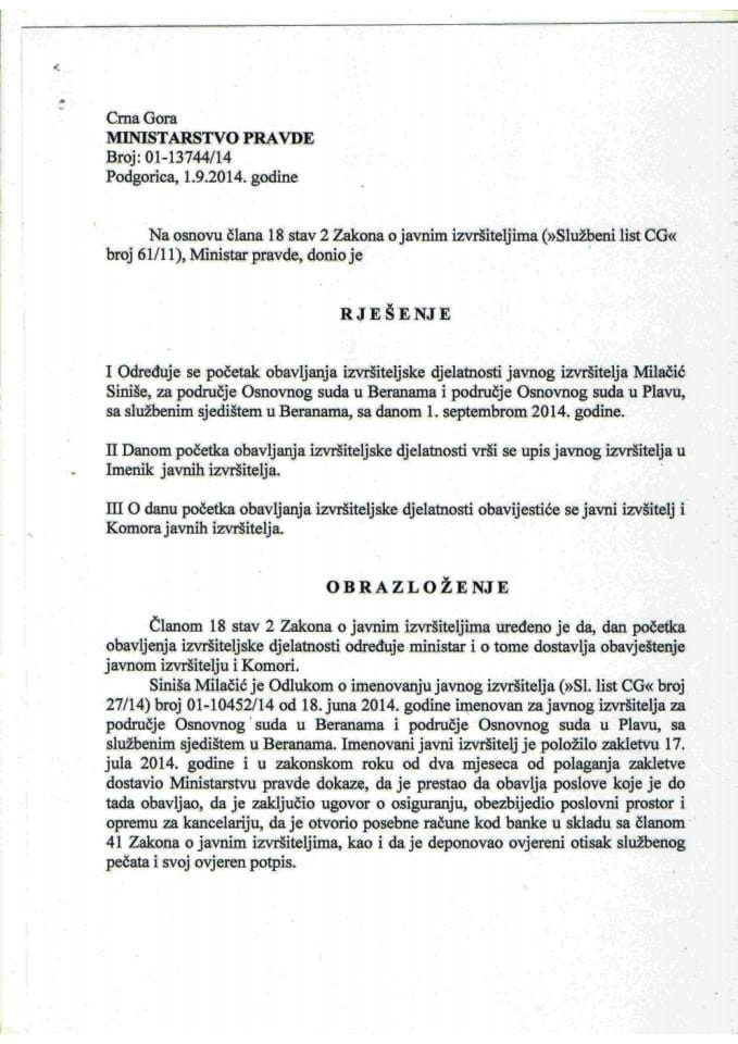 Rješenje o određivanju početka obavljanja izvršiteljske djelatnosti javnog izvršitelja Siniše Milačića