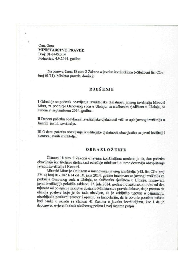 Rješenje o određivanju početka obavljanja izvršiteljske djelatnosti javnog izvršitelja Mitra Mirovića