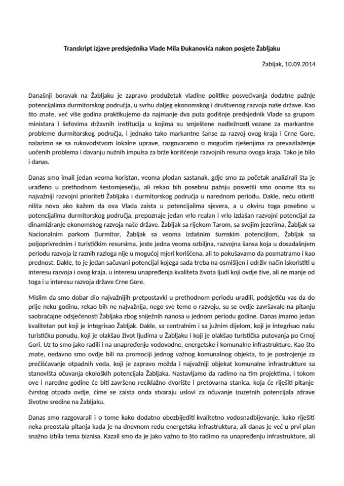 Transkript izjave predsjednika Vlade Mila Đukanovića nakon radne posjete Žabljaku