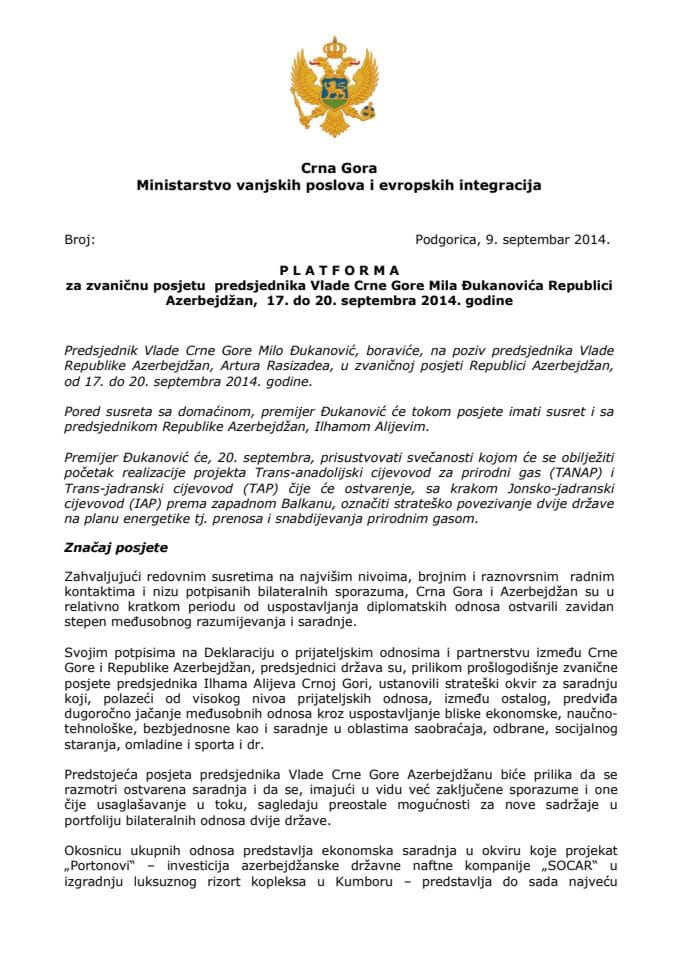 Predlog platforme za zvaničnu posjetu predsjednika Vlade Crne Gore Mila Đukanovića Republici Azerbejdžan, 17-20. septembra 2014. godine 