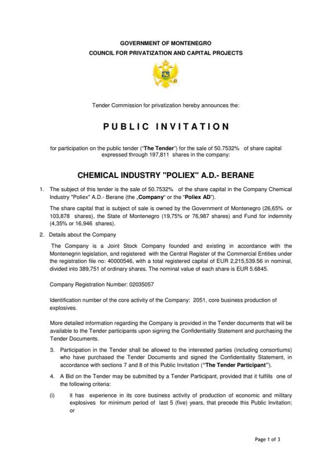 Public invitation for participation on public tender for sale of 50.7532% of share capital in company Chemical Industry  "Poliex" A.D. Berane