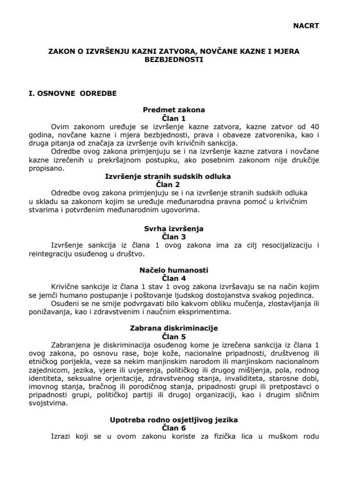 Нацрт Закона о извршењу казни затвора, новчане казне и мјера безбједности